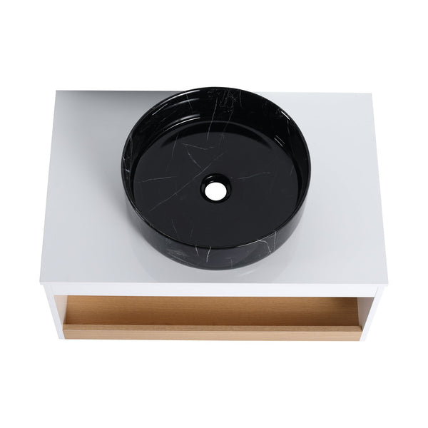 English Elm 30" Floating Wall Mount Bathroom Vanity Open Shelf Ceramic Vessel Sink Modern White White + Light Oak,White+Black W3450S00060