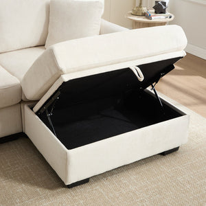 English Elm Modern Chenille L-shaped Sectional with Usb Charging Ottoman Storage Living Room Couch Beige W2120S00016