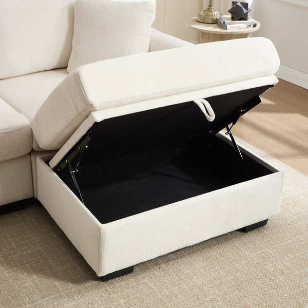 English Elm Modern Chenille L-shaped Sectional with Usb Charging Ottoman Storage Living Room Couch Beige W2120S00016