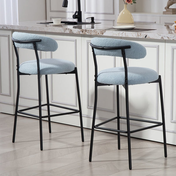 English Elm 26'' Teddy Counter Height Bar Stool Blue Fabric Cover with Soft Cushion, Stylish Backrest, Black Powder-Coated Base and Footrest for Kitchen Island (Set of 1) W2215P292148