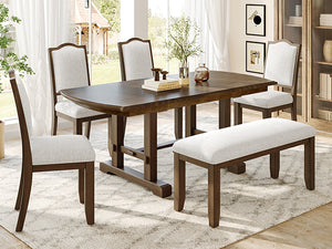 English Elm 6-piece Extendable Wood Dining Set with Linen Upholstered Chairs Bench Seats Eight Beige+Brown N752S000097D