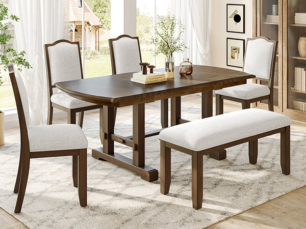 English Elm 6-piece Extendable Wood Dining Set with Linen Upholstered Chairs Bench Seats Eight Beige+Brown N752S000097D