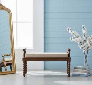 English Elm Artisan Handcrafted Mango Wood Bench with Mud Linen Seat for Bedroom or Entryway B182P431570