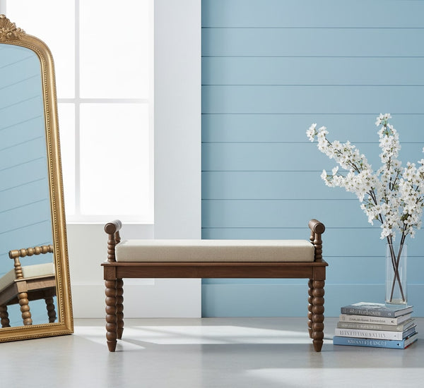 English Elm Artisan Handcrafted Mango Wood Bench with Mud Linen Seat for Bedroom or Entryway B182P431570