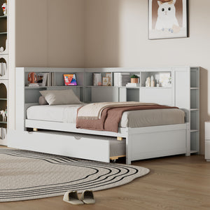 English Elm Twin Daybed with Built-In Shelves, USB Port & Trundle — Solid Pine Frame, Sturdy Storage and Smooth Wheels for Space-Saving Sleep Solutions White GX000467AAK