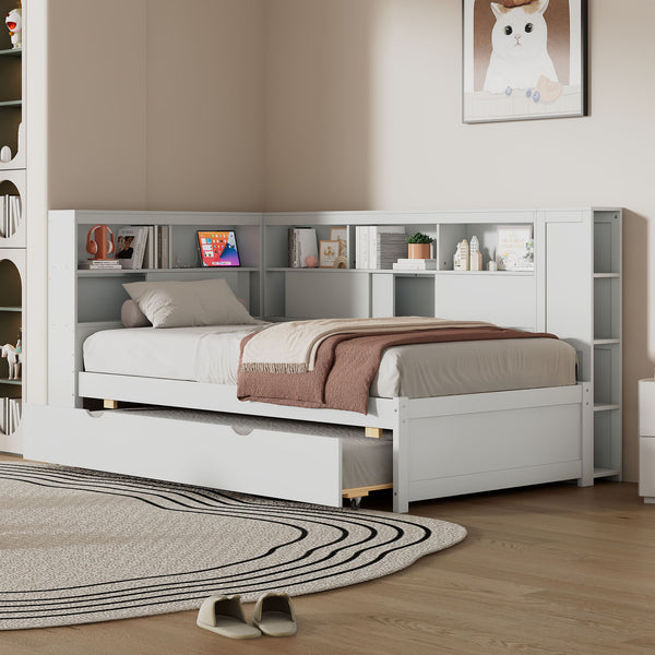 English Elm Twin Daybed with Built-In Shelves, USB Port & Trundle — Solid Pine Frame, Sturdy Storage and Smooth Wheels for Space-Saving Sleep Solutions White GX000467AAK