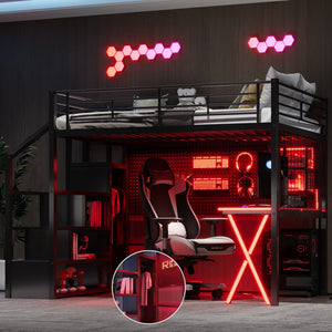 English Elm Full Full Size Metal Loft Bed with Built-In Desk, Wardrobe & Stair Storage, LED Lights, Space-Saving Black GX000663AAB