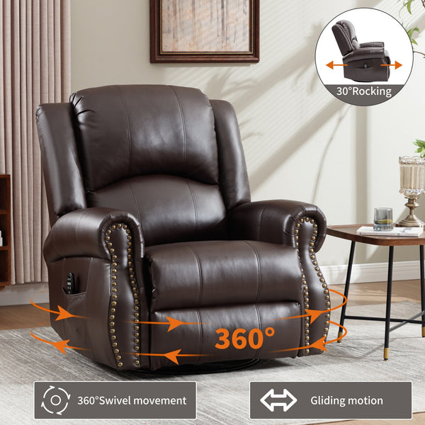 English Elm Heat Massage Rocker Swivel Recliner Chair with Lumbar Relief Nodes for Living Room Brown W3224S00031