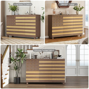 English Elm 55"Buffet Hand-Carved Sideboard Cabinet with 2 Drawers 3 Doors Adjustable Shelves Coffee Bar Console W2977P294070