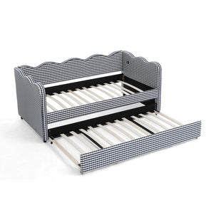 English Elm Cozy Twin Gingham Daybed with Trundle Sofa Bed, Linen Upholstery, USB Port, Wave Frame Design Navy W1413S00101