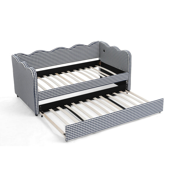 English Elm Cozy Twin Gingham Daybed with Trundle Sofa Bed, Linen Upholstery, USB Port, Wave Frame Design Navy W1413S00101