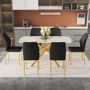 English Elm Table and Chair Set Marble Glass Top Six Seats Gold Legs Modern Dining Room W1151S04543