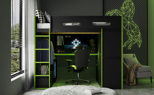 English Elm Full Size Gaming Loft Bed with Rgb Lighting Desk Wardrobe and Mdf Wood Frame LT000261AAG