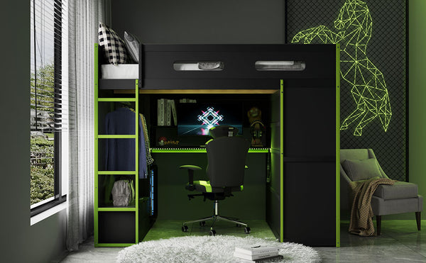 English Elm Full Size Gaming Loft Bed with Rgb Lighting Desk Wardrobe and Mdf Wood Frame LT000261AAG