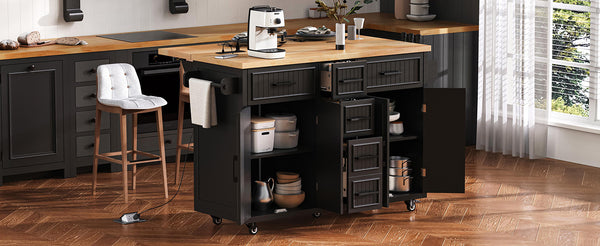 English Elm K&K 56.5" Kitchen Island with Drop Leaf, Embossed Vertical Stripe Barn Doors, Wheels & Charging Hub Black N707P263094B