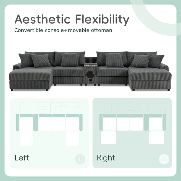 English Elm [video]141.5*64'' Corduroy U-shaped Sectional with Bluetooth Speakers and Ottoman N723S0756E