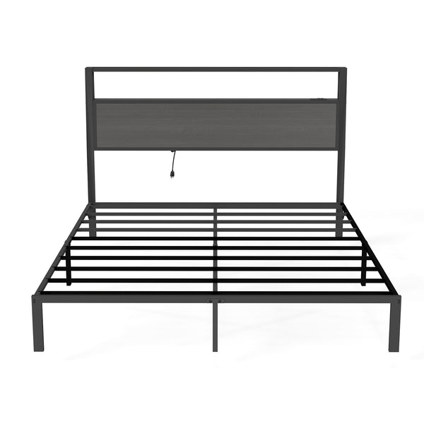 English Elm Queen Metal Platform Bed with Rgb Led Headboard Charging Station and Underbed Storage Dark Grey T3963P483958