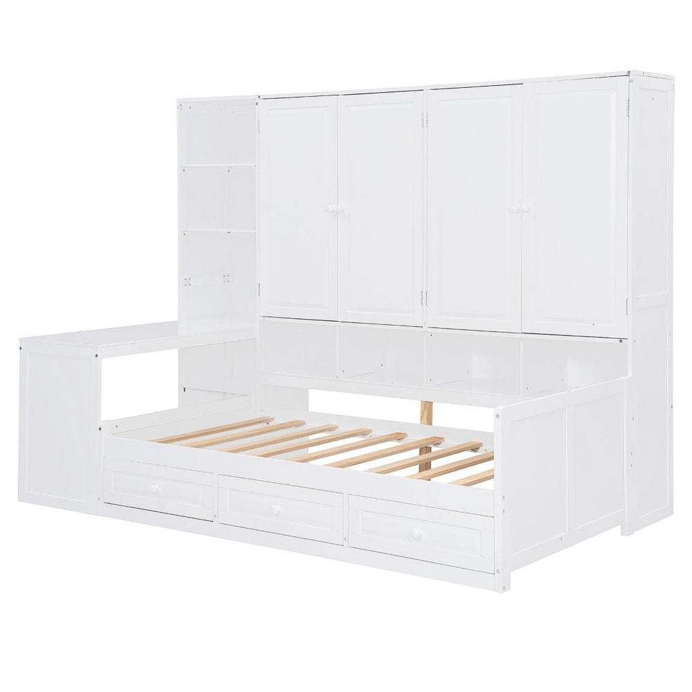 English Elm Twin Size Daybed With Storage Drawers, Desk & Shelves - Stylish Space-Saving Furniture In White N820S00054K-GIGA