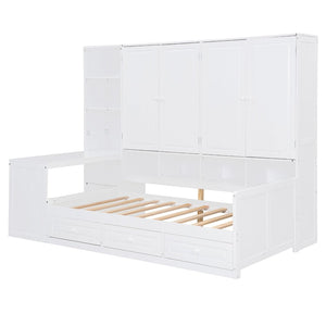 English Elm Twin Size Daybed With Storage Drawers, Desk & Shelves - Stylish Space-Saving Furniture In White N820S00054K-GIGA