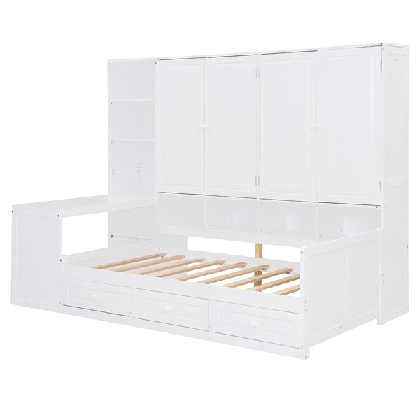 English Elm Twin Size Daybed With Storage Drawers, Desk & Shelves - Stylish Space-Saving Furniture In White N820S00054K-GIGA