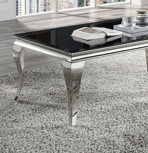 English Elm Glam Stainless Steel Coffee Table with Beveled Tempered Glass Top and Elegant Cabriole-Style Legs Black,Silver 55 L x 30 W x 4 H B011S01173