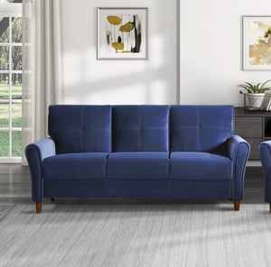 English Elm Blue Velvet Upholstery Sofa with Tufted Plush Seatbacks, Flared Arms & Solid Wood Frame, Modern Living Room 92" B011P204910