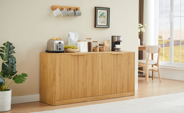 English Elm 59-inch Wavy Curved Sideboard with Four Doors Wood Grain Finish for Living or Dining Room Natural W1162P339086