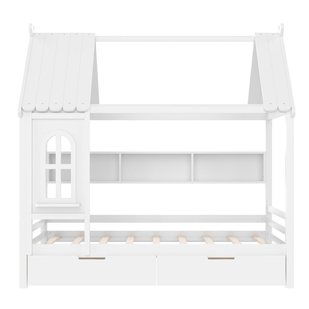 English Elm Full House Solid Wood Platform Bed with Window Roof, Under-Bed Drawers & Shelves for Kids' Rooms Light White W1580S00267