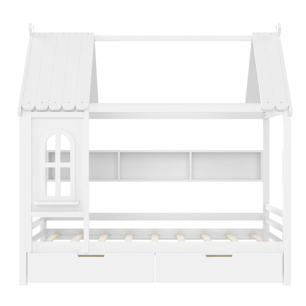 English Elm Full House Solid Wood Platform Bed with Window Roof, Under-Bed Drawers & Shelves for Kids' Rooms Light White W1580S00267