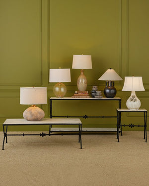 Currey & Company Agora White Travertine Side Table - Elegant Greek-inspired Design With Bronze Hourglass Legs & Veining Black White Travertine ,Wrought Iron 4000-0243-currey-company