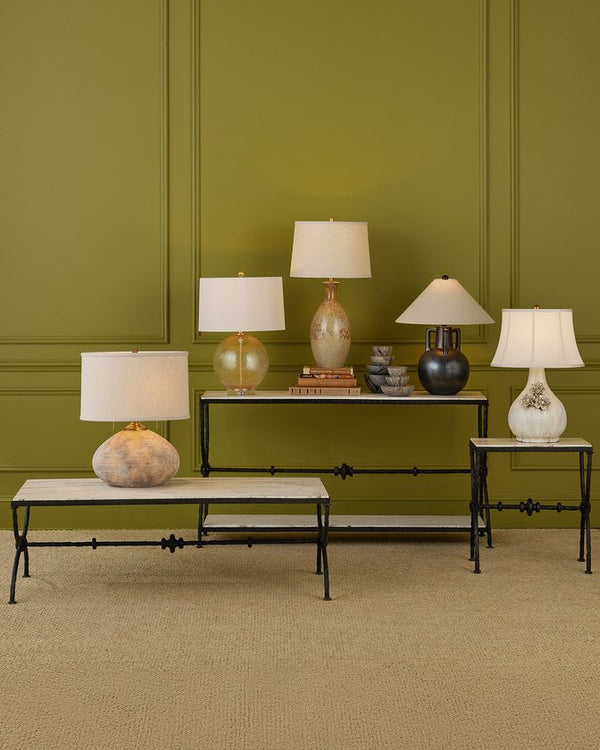 Currey & Company Agora White Travertine Side Table - Elegant Greek-inspired Design With Bronze Hourglass Legs & Veining Black White Travertine ,Wrought Iron 4000-0243-currey-company