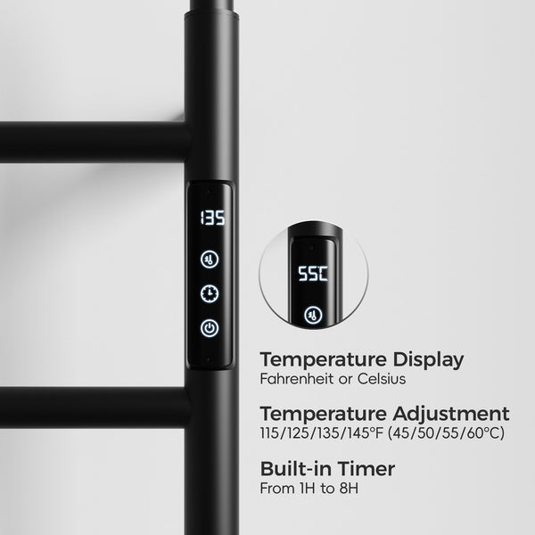 English Elm 18.7" Heated Towel Rack with Touchscreen Timer, 6-Bar Stainless Steel 150W Rapid Warm Carbon Fiber Black T3177P305026