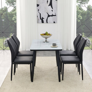English Elm Table and Chair Set with Marble Glass Top Conical Legs and Four Pu Dining Seats W1151S04661