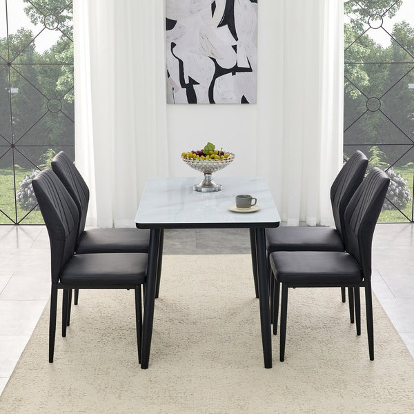 English Elm Table and Chair Set with Marble Glass Top Conical Legs and Four Pu Dining Seats W1151S04661