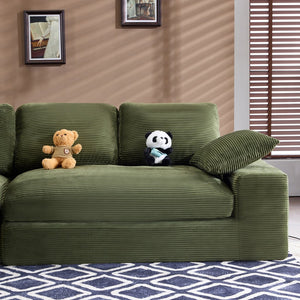 English Elm Green corduroy compressed sofa with 3 back cushions & 2 throw pillows — soft, resilient, space-saving comfort W3612S00016