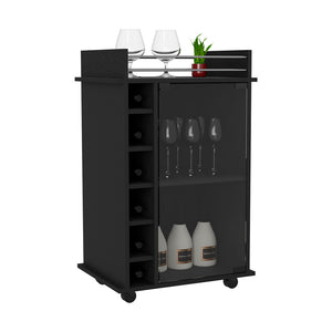 English Elm Bar Bar Cart Glass Door Cabinet with Two Shelves, Six Bottle Cubbies, Locking Casters, Rail Top Black 31.49 L x 20.86 W x 6.69 H B097133027