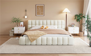 English Elm King Channel Stitched Linen Platform Bed Low Profile Contemporary Upholstered Frame Beige N737P387605A
