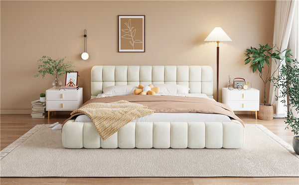 English Elm King Channel Stitched Linen Platform Bed Low Profile Contemporary Upholstered Frame Beige N737P387605A