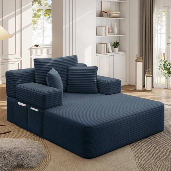 English Elm Luxurious Corduroy Convertible Chaise Lounge Sofa Bed with Storage and Coil Spring Foam Blue W3219P483087