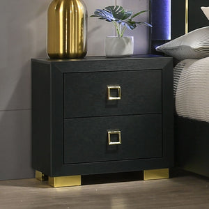 English Elm Modern Nightstand Black Melamine 24"W x16"D x24"H — Gold Trim, Square Pulls, Center Glide Drawers, Dovetail Construction B2741P324374