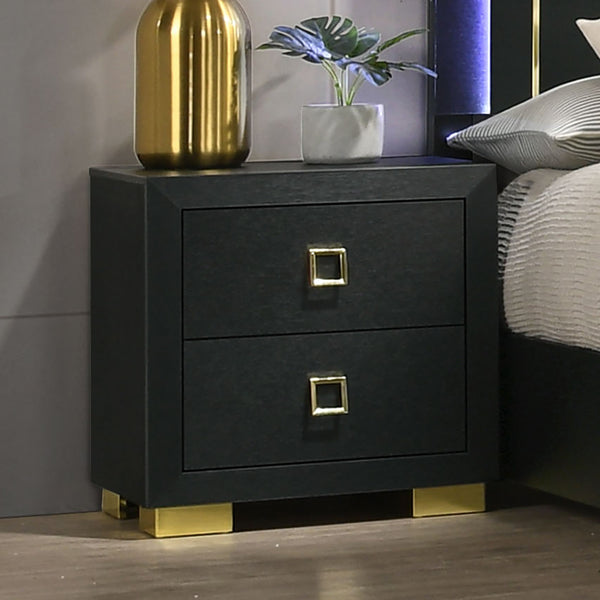 English Elm Modern Nightstand Black Melamine 24"W x16"D x24"H — Gold Trim, Square Pulls, Center Glide Drawers, Dovetail Construction B2741P324374
