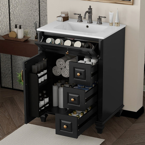 English Elm 24 Inch Freestanding Bathroom Vanity Solid Rubberwood Ceramic Sink Matte Finish Storage Black N725P375626B