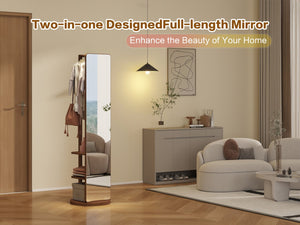 English Elm 360° Swivel Full Length Mirror with Coat Hooks Solid Rubberwood Frame Bedroom Entryway W2987P225479