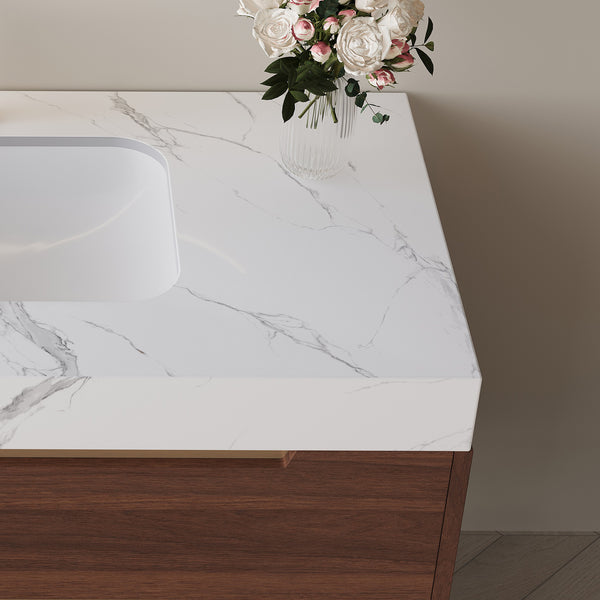 English Elm This Farmhouse Vanity Pairs Sintered Stone with Soft-close Drawers for a Refined Bath W3136S00023