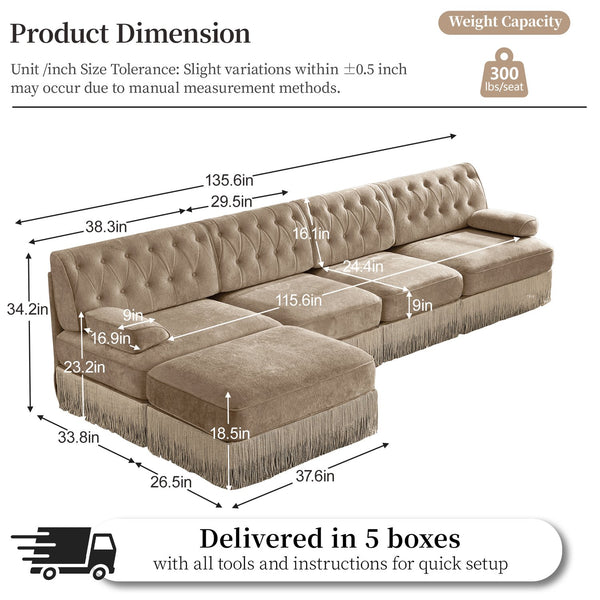 English Elm 135" Chesterfield Velvet Sectional with Tufted Back Tassel Skirt and Modular Living Room Design Camel W714S01700
