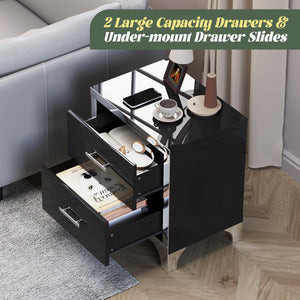 English Elm High Gloss Mirrored 2 Drawer Nightstand Slim Metal Legs Modern Bedroom Side Table Black W5271P416537