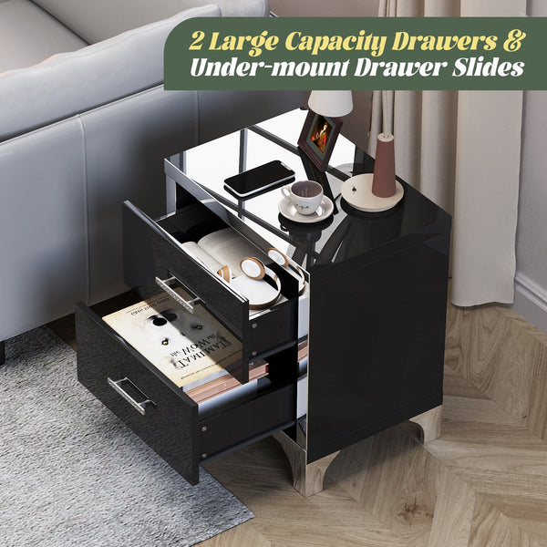 English Elm High Gloss Mirrored 2 Drawer Nightstand Slim Metal Legs Modern Bedroom Side Table Black W5271P416537