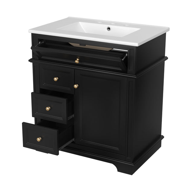 English Elm 30" Freestanding Bathroom Vanity Acacia Wood Matte Black Finish Gold Knobs Ceramic Sink N759P227429B