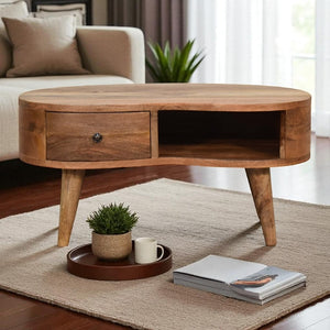 English Elm Solid Wood Mini Oak-Ish Wave Coffee Table – Stylish 1-Drawer Accent Table With Nordic Legs, Light Brown B182P279327-GIGA