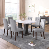 English Elm Dining Table Set For 6, 7 Piece Kitchen Table Chairs Set, 1.8" Thickness Tabletop and V-Shaped Table Legs, Modern Dining Room Set With 63 Inch Dinner Table and 6 Upholstered Chairs For Dining Room